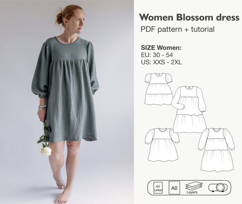 Blossom women dress sewing pattern Oversize Sweater Pattern, Tiered Dress Pattern, Different Sleeves Style, Tunic Dress Patterns, Blossom Dress, Sewing Workshop, Fashion Organization, Clothes Sewing, Dress Sewing Pattern