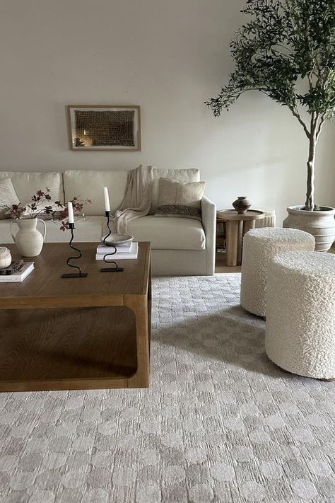 How gorgeous is this taupe or natural area rug!! Add this beautiful and soft living room rug to compliment any home decor style. Pair this neutral rug with a Sherpa ottoman, olive tree and organic modern accent decor for a minimalist interior design.

#neutralrugs #homedesign #interiordesign #homedecor #accentdecor Sherpa Ottoman, Interior Design Neutral, Organic Modern Home Decor, Rug Amazon, Minimalistic Interior Design, Organic Modern Home, Soft Living Room, Modern Rugs Living Room, Natural Area Rugs