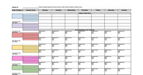 Clean template Week of:, Planner template adapted from Seven Habits of Highly Effective People by Stephen Covey. Role/ Category, Weekly Goals, Monday, Tuesday, Wednesday, Thursday, Friday, Saturday, Sunday Today' s Must Do' s Time Spent on This Role' s Goals: Time Blocking and Tracking Tim... Covey Weekly Planner, Seven Habits, Highly Effective People, Stephen Covey, Effective Leadership, Weekly Goals, Time Blocking, 7 Habits, Weekly Planner Printable