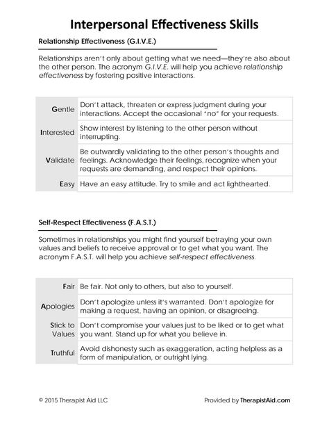 DBT interpersonal effectiveness - positive communication in relationships and self respect boundaries- therapist aid Dbt Skills Interpersonal Effectiveness, Interpersonal Effectiveness Skills, Dbt Interpersonal Effectiveness Activities, Interpersonal Effectiveness Activities, Therapist Aid Worksheets, Dbt Skills Worksheets, Therapy Skills, Communication In Relationships, Positive Communication