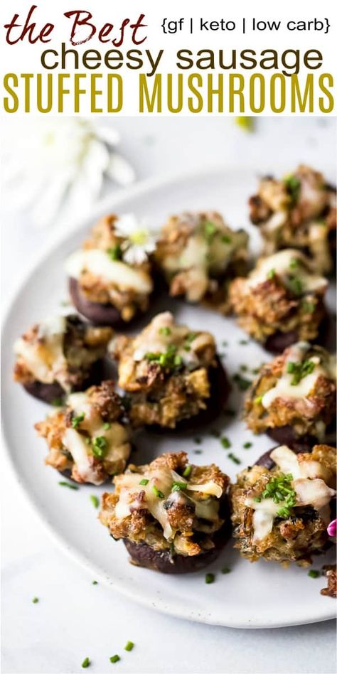 Cheesy Sausage Stuffed Mushrooms are the perfect Thanksgiving or Christmas appetizer idea! Baby bella mushrooms stuffed with glorious goodness!#gluten free #low carb #keto #partyfood #bitesize #easy #healthy #spinach #appetizer #christmas #holidays Sausage Stuffed Mushrooms Easy, Cream Cheese Sausage, Appetizer Table, Stuffed Mushrooms Easy, Mushroom Appetizers, Christmas Appetizers Easy, Sausage Stuffed Mushrooms, Appetizers Table, Cheese Sausage