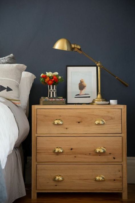 Picture Of a simple and chic IKEA Tarva dresser stained light and with vintage metal handles will fit many spaces Ikea Nightstand Hack, Ikea Nightstand, Ikea Tarva Dresser, Decor Ikea, Lamp Table, Table Wood, Diy Lamp, Style At Home, Night Stand