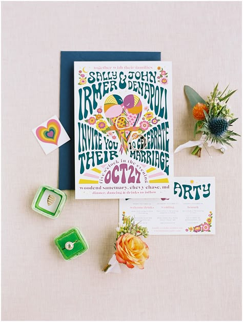 '70s Inspired Wedding by Colorado Wedding Photographer - Bonnie Sen: Colorado Wedding Photographer Flower Power Wedding Theme, 70s Inspired Wedding Invitations, 70s Wedding Colors, Woodstock Wedding Theme, 70s Wedding Invite, 70s Wedding Invitation, 70s Invitations, Hippie Wedding Invitations, Colorful Wedding Invites