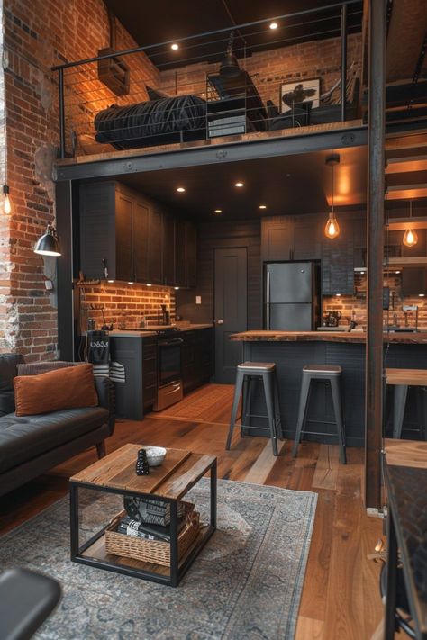 Edge Industrial Style Game Room, Industrial Wood Interior Design, Loft Modern Design, Small Industrial Apartment, Industrial Style Apartment, Cozy Industrial Decor, Living Room Designs Loft, Industrial Cabin, Loft Estilo Industrial