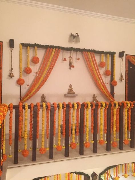 For the balcony railing: Railing Flower Decoration, House Warming Decoration, House Warming Decor, Indian Wedding Stage, Housewarming Ideas, Puja Decor, Home Flower Decor, Pooja Decor, Pooja Decoration