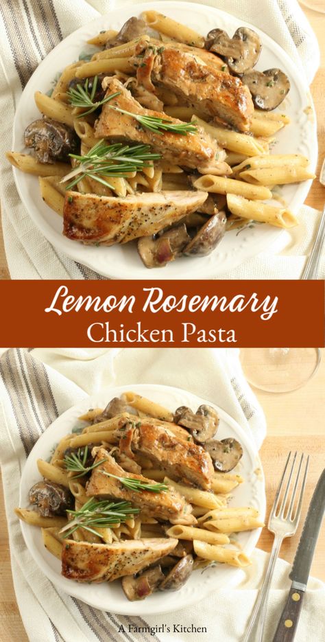 Lemon-Rosemary Chicken Pasta with mushrooms and a cream sauce is simple to make and the perfect weeknight dish.   #easyrecipe #pasta #dinner #lemon #mushrooms #rosemary Chicken Pasta With Mushrooms, Rosemary Chicken Pasta, Chicken Pasta Dinner Recipes, Rosemary Dinner, Pasta Dinner Recipes Chicken, Potato Salad Easy, Easy Chicken Meals, Chicken Pasta Dinner, Chicken Mushroom Pasta