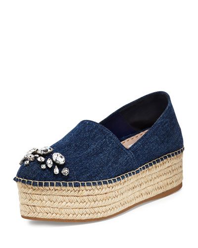 Miu Miu Clothing, Miu Miu Denim, Denim Espadrilles, Shoe Design Sketches, Wedge Loafers, Tory Burch Sandals, Miu Miu Shoes, Platform Espadrilles, Womens Sandals Wedges