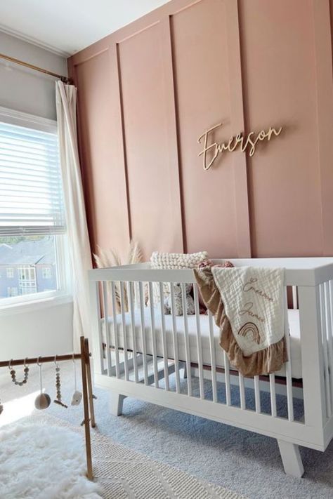 Nursery Room Wall Ideas, Board And Batten Full Wall Nursery, Beige Aesthetic Nursery, Nursery Wall Inspiration, Nursery With Panel Walls, Blush Accent Wall Nursery, Cabbage Rose Sherwin Williams Nursery, Baby Accent Wall Nursery Ideas, Neutral Nursery For Girl