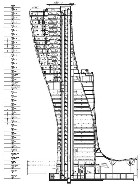 Hotels Plan, Skyscraper Architecture Concept, Skyscraper Architecture Plan, Towers Architecture Concept, Tower Section, Viewing Tower Design, Tower Section Architecture, Skyscraper Structure, Hotel Design Architecture