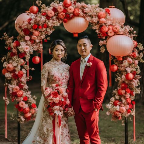 Asian fusion wedding - A wedding that combines elements from different Asian cultures, like Chinese lanterns, Japanese cherry blossoms, and Indian textiles Red Lantern Wedding Decor, Chinese Wedding Ideas Modern, Asian Wedding Backdrop, Chinese Themed Wedding, Chinese American Wedding Decor, Chinese Wedding Reception Decoration, Outdoor Chinese Tea Ceremony, Modern Chinese Wedding Decor, Japanese Wedding Decorations