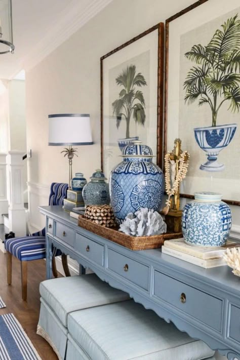 Blue Entry Table, Nautical Decor Living Room, Blue And White Living Room, Eclectic Living, Blue White Decor, Vibrant Wall Art, Relaxing Bedroom, Beach House Interior, Coastal Living Room