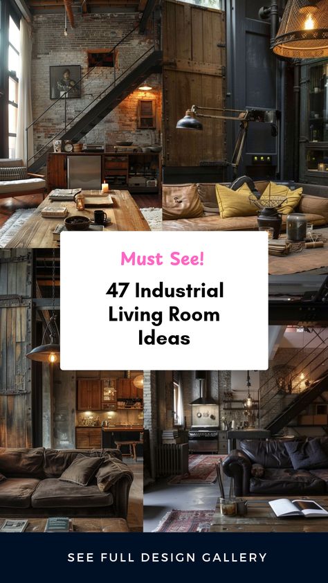 Discover 47 unique ideas for transforming your space with industrial living room designs. From exposed beams and rustic metal accents to combining modern and vintage elements, these design inspirations will help you create warmth and style. Use concrete, wood, and metallic decor to achieve that perfect industrial vibe. Explore various layouts, color palettes, and furniture choices that elevate the look of your home. Whether you're updating your decor or doing a complete room makeover, find the tips and tricks here to capture the essence of industrial aesthetics in your living space. Modern Industrial Family Room, Steampunk Industrial Decor, Industrial Living Room Apartment, Industrial Modern Living Room, Industrial Style Apartment, Warm Industrial Living Room, Industrial Boho Decor, Cozy Industrial Living Room, Industrial Color Palette