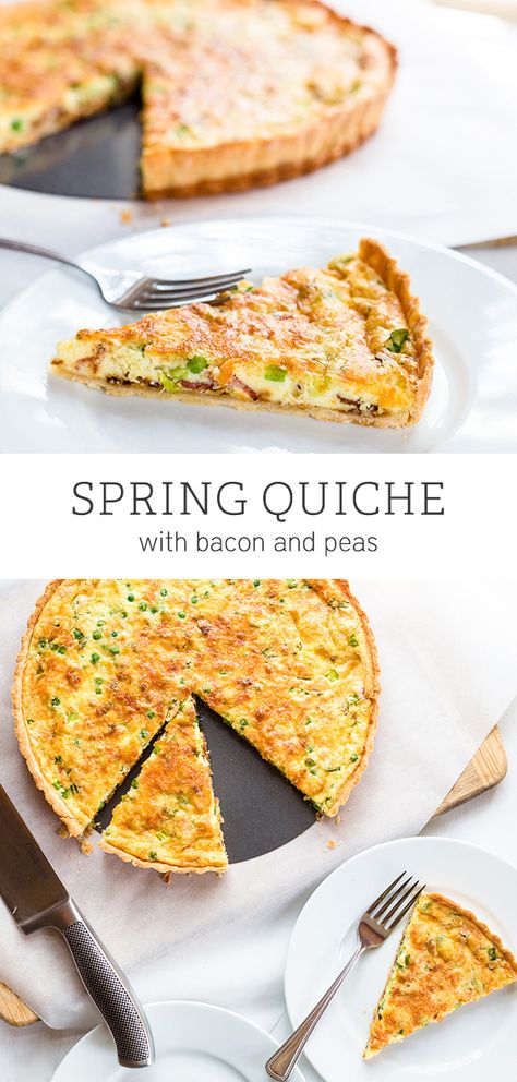 This quiche with bacon and peas (and cheddar and shallots and green onions) is a huge crowd-pleaser! It turns pea-haters into pea-lovers, and is easy to whip up if you use refrigerated pie crust. #springrecipes #easybreakfasts #breakfastrecipes #breakfast #quiche Spring Quiche, Quiche With Bacon, Recipes With Bread, Egg Quiche, Onion Quiche, Bacon Pie, French Toast Recipes, Savory Breakfast Recipes, Biscuits Recipes