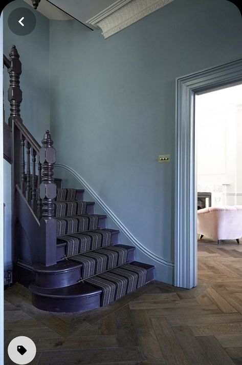 Bright Blue Hallway, Stair Hallway Decor, Homestead Homes, Blue Staircase, Architecture Staircase, Downstairs Hallway, Black And White Hallway, Victorian Stairs, Cottage Stairs