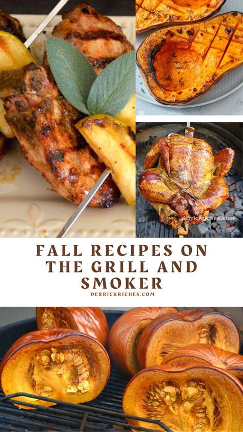 Delicious Fall recipes to try on your grill or smoker! Recipes On The Grill, Maple Pork Chops, Delicious Fall Recipes, Recipes For The Grill, Smoked Baked Potatoes, Fall Grilling, Pumpkin Spice Drinks, Grilled Halibut, Cheesy Potato Casserole