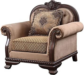 Acme Furniture Chateau De Ville Chair, Fabric & Espresso Finish Beige Chair, Tufted Arm Chair, Acme Furniture, Chair Upholstery, Wood Carved, Toss Pillows, Chair Fabric, Room Set, Accent Furniture