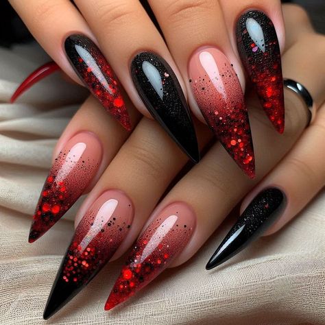 Badass Nail Designs, Gothic Nails Coffin, Red And Black Stiletto Nails, Stiletto Black Nails, Goth Winter Nails, Olive Nails, Vampire Nails, Holloween Nails, Gothic Nails