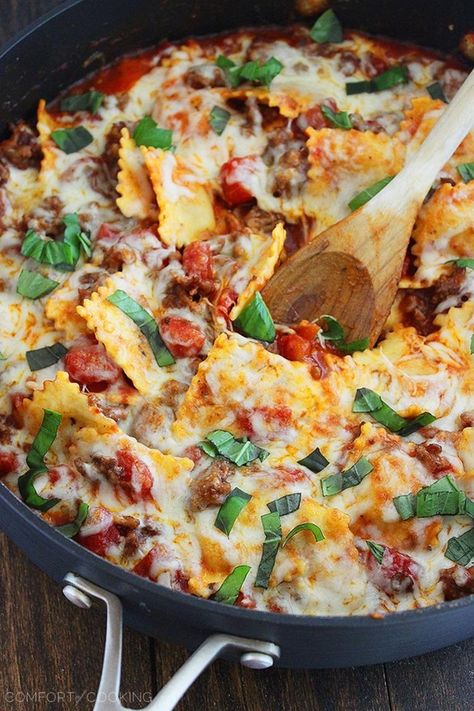 The Comfort of Cooking » Cheesy Ravioli and Italian Sausage Skillet Costco Ravioli Recipe, What To Make With Ravioli, Italian Sausage Skillet, Blush Sauce, Cheesy Ravioli, Italian Ravioli, Sausage Ravioli, Sausage Italian, Skillet Food