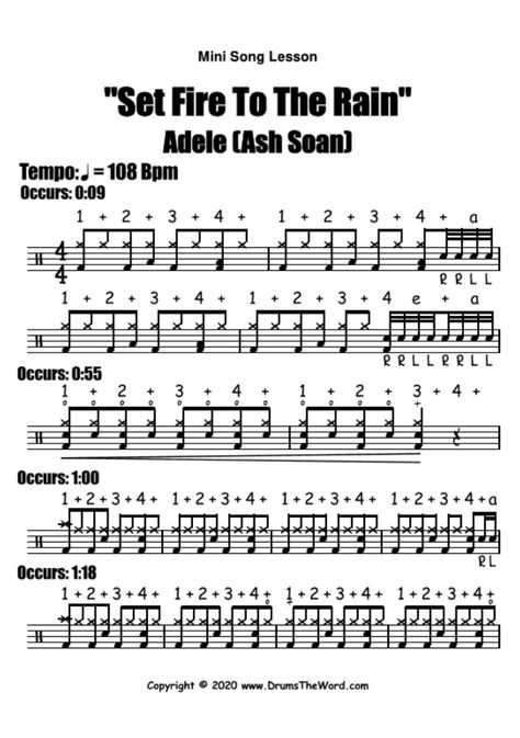 In this free drum lesson, I want to teach you the main parts from the song “Set Fire To The Rain” by Adele featuring Ash Soan on drums. You can download all of the sheet music AND watch a video drum lesson for free from my website by clicking the link above. Rain Drum Songs, Steel Tongue Drum Sheet Music, Drum Basics, Drum Set Music, Popular Piano Sheet Music, Learn Drums, Rain Drum, Set Fire To The Rain, Fire To The Rain