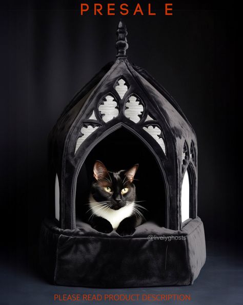 PRESALE Gothic Cat Accessories, Goth Cat Accessories, Gothic Cat House, Fancy Cat Bed, Goth Pet Accessories, Portable Catio, Apartment Cat Ideas, Cute Cat Beds, Goth Cat