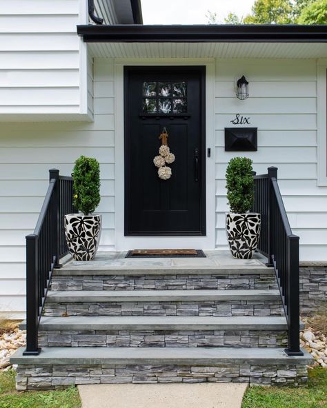 Stone Front Steps With Railing, Front Stairs Exterior Curb Appeal, Front Door Walk Way Ideas, Front Porch With Stairs Ideas, Front Stoop With Railings, House With Steps To Front Door, Front Door Steps With Railings, Front Entrance Railing Ideas, Front Porch Stairs With Railing