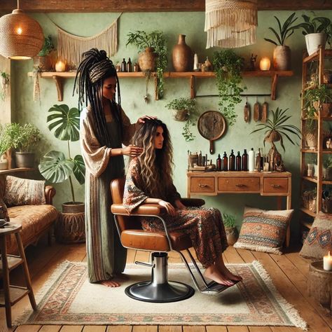 Relax in a Bohemian Home Salon while you get your hair done Shed Hair Salon Ideas, Funky Hair Salon, Tiny Hair Salon, Mini Salon Ideas Small Spaces, Boho Salon Suite, Tiny Salon Ideas, Boho Salon Ideas, Iv Clinic, Salon Suite Ideas