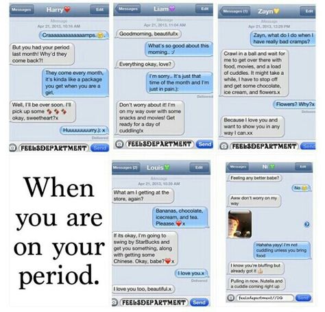 Period text Boyfriend Period, Funny Texts To Boyfriend, Texts To Boyfriend, Jessy Nelson, 1d Preferences, One Direction Preferences, Harry Louis, Period Humor, Cute Couples Texts