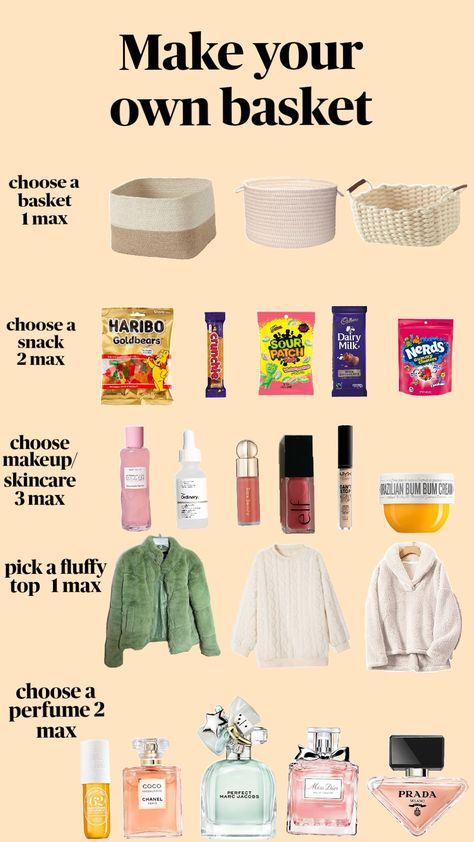 Make your own basket! #basket #make your own Make Your Basket, Make A Brr Basket, Make Your Own Basket, Burr Basket Ideas Under $30, Basket Ideas, Cheap Birthday Gifts, Dairy Snacks, Making A Gift Basket, Cute Gifts For Friends