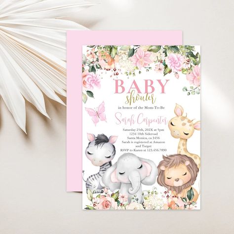 Girl Safari Baby Shower Invitation Baby Girl Shower Ideas, Safari Baby Shower Girl, Safari Baby Girl, Gold Safari Baby Shower, Safari Baby Shower Invitations, Animal Baby Shower Invitations, Baby Shower Supplies, Jungle Baby Shower