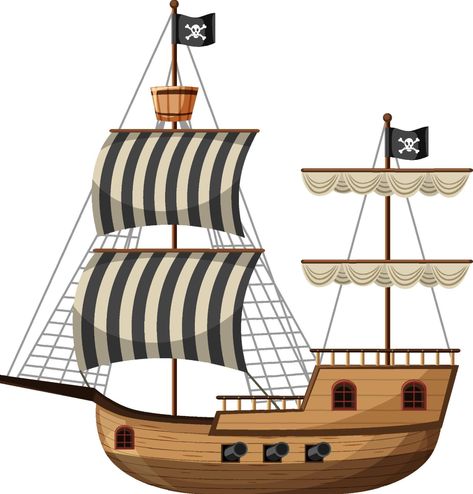 Pirate Ship in cartoon style isolated on white background Pirate Ship Clipart, Pirate Ship Illustration, Pirate Ship Design, Cartoon Pirate Ship, Ship Mast, Ship Deck, Ship Vector, Aquascape Design, Sea Adventure