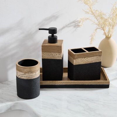 Paolo 4-Piece Black and Bathroom Accessory Set Tan And Black Bathroom Decor, Black And Wood Bathroom Accessories, Brown White Black Bathroom, Brown And Black Bathroom, Man Bathroom Decor, Black And Tan Bathroom, Guest Bathroom Inspiration, Masculine Bathroom Decor, Spa Inspired Bathroom Decor