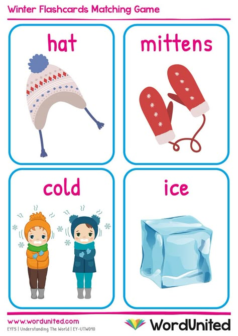 Help build vocabulary about winter with this lovely matching game! Laminate and cut out the beautifully illustrated flashcards, then match the flashcards to improve understanding about winter. Supports the following areas of learning within the Early Years Foundation Stage: Understanding the World. Winter Clothes Flashcards, Winter Flashcards, Winter Vocabulary, Winter Theme Preschool, Preschool Pictures, Prek Ideas, Winter January, Flashcards For Toddlers, Body Parts Preschool