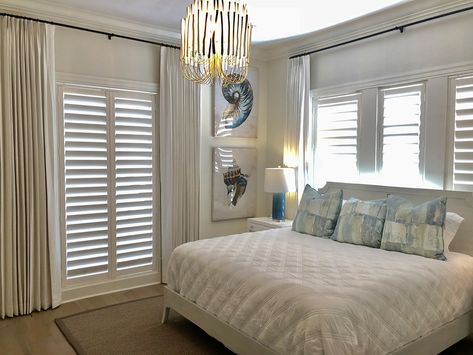 Shutters And Curtains Together, Curtains Over Shutters, Shutters With Curtains, Bedroom Shutters, White Window Treatments, White Shutters, Curtain Installation, Curtain Ideas, Custom Drapes