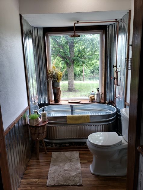 Stock Tank Tub, Rustic Bathroom Remodel, Rustic Farmhouse Bathroom, Shed Home, Shed To Tiny House, Rustic Bathroom Designs, Bathroom Farmhouse Style, Tiny House Bathroom, Stock Tank