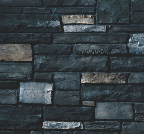 Black Rundle rock for the exterior.  I love it! Manufactured Stone Fireplace, Grey Siding, Stone Exterior Houses, Cultured Stone, Canada Road Trip, Manufactured Stone, Exterior Stone, Paving Stones, Stone Texture