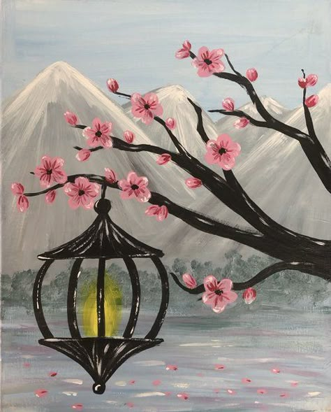 Flowers And Sky Painting, Flower Paint Night, Night Flowers Painting, Acrylic Painting Canvas Cherry Blossom, Cherry Blossom Painting Acrylic, Flowers In Jar Painting Acrylic, Painting Videos Tutorials, Easy Landscape Paintings, Paint Your Pet