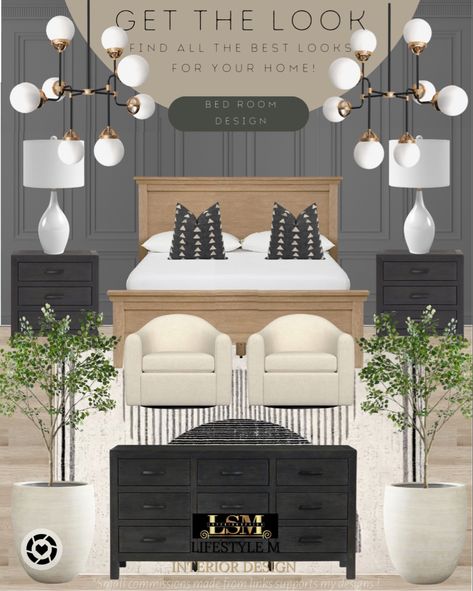 Mood board for a black bedroom design. Wood Post Bed Frame, Wood Bed Frame Black Nightstand, Brown Bed With Black Nightstands, Black Wood Nightstand Bedroom, White Oak And Black Bedroom, Bedroom Ideas With Black Nightstands, Tan Bed Black Nightstands, Wood Bed With Black Nightstands, Black And Light Wood Bedroom