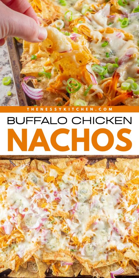 Get ready for these loaded buffalo chicken nachos! They're an easy appetizer for a crowd. With a combo of shredded chicken, and homemade buffalo sauce, these sheet pan nachos are a fun party snack. So, grab some tortilla chips for one of the best game day recipes! Sheet Pan Buffalo Chicken Nachos, Buffalo Chicken Dip Nachos, Game Day Nachos Football Season, Chicken For Nachos, Buffalo Nachos, Pulled Chicken Nachos, Sheet Pan Buffalo Chicken, Loaded Chicken Nachos, Buffalo Chicken Nachos Recipe