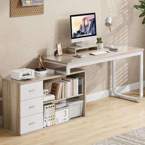 Desk with Drawers, 55 Inch L Shaped Computer Desk with Storage Shelves, Corner Desk with Removable Office Desk For Two, Desk With Printer, Corner Home Office, Study Items, Desk For Two, Office Desk With Drawers, Desk For Bedroom, Corner Bedroom, L Shaped Computer Desk