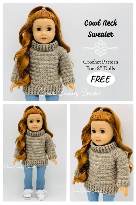 Knit Doll Sweater Free Pattern, 18in Doll Clothes Patterns Free, Crochet Doll Sweater Pattern Free, Doll Sweater Crochet Pattern Free, How To Crochet Doll Clothes, Crochet 18inch Doll Clothes Free Pattern, American Girl Doll Crochet Patterns Free, American Girl Crochet Free Patterns, Crochet American Girl Doll Clothes Free