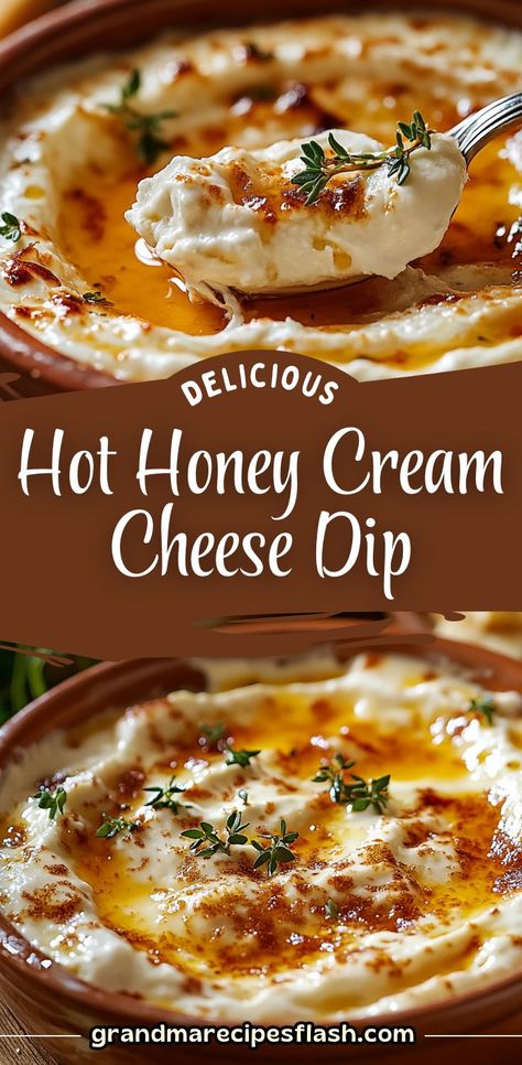 This Hot Honey Cream Cheese Dip is a creamy, spicy-sweet appetizer that everyone will love! It's made with smooth cream cheese, melted Monterey Jack cheese, and a kick of hot honey. Perfect for serving with crackers, crostini, or veggies. A savory dip with a hint of heat that’s perfect for your next gathering! #HotHoneyDip #CreamCheeseDip #Appetizers #PartyFood #CheeseLovers #SnackTime #EasyAppetizer Last Minute Snacks For A Party, 4 Warm Cheese Dips On A Sheet Pan, Best Party Dips Crock Pots, Quick And Easy Sides For A Party, Hot Honey Dip Recipe, Yummy Dips Appetizers, Cream Cheese Dip Recipes For Crackers, Hot Honey Pizza Dip, Appetizer With Hot Honey