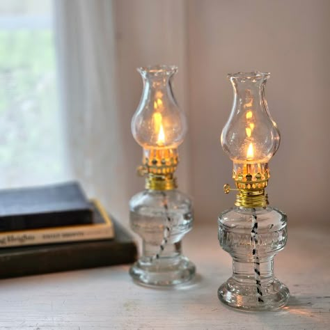 This set of two vintage-style Petite Glass Oil Lamps adds an old-fashioned ambiance to indoor and outdoor spaces. Whether you're relaxing in the backyard or setting the mood for an intimate dinner, these lamps will add a touch of charm and character. The burning time is 6-8 hours. Lamp oil not included. The oil lamp ca Oil Lamp Decor, Mexican Boho, Lamp Oil, Intimate Dinner, Transferware Plate, Lamp Set, Rustic Farmhouse Style, Kitchen Towel Set, Vintage Landscape