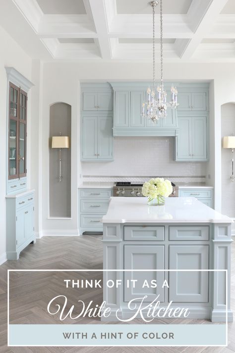 Options for people who love white kitchens that aren't white White Kitchen Color Cabinets, Light Blue White Kitchen, Farmhouse Kitchen Blue Walls, Ice Blue Interior Design, Light Blue Kitchen Walls Grey Cabinets, Blue White And Natural Wood Kitchen, Blue And White Interior Design Modern, Light Blue Kitchen Cabinets Modern, Pale Blue Kitchen Island