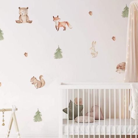 Woodland Forest Animals Wall Stickers Woodland Wall Decals Nursery, Boho Bear Wallpaper, Woodland Wall Stickers, Baby Boy Bed, Nursery Feature Wall, Bear Wall Decals, Woodsy Nursery, Forest Themed Nursery, Woodland Fox Nursery