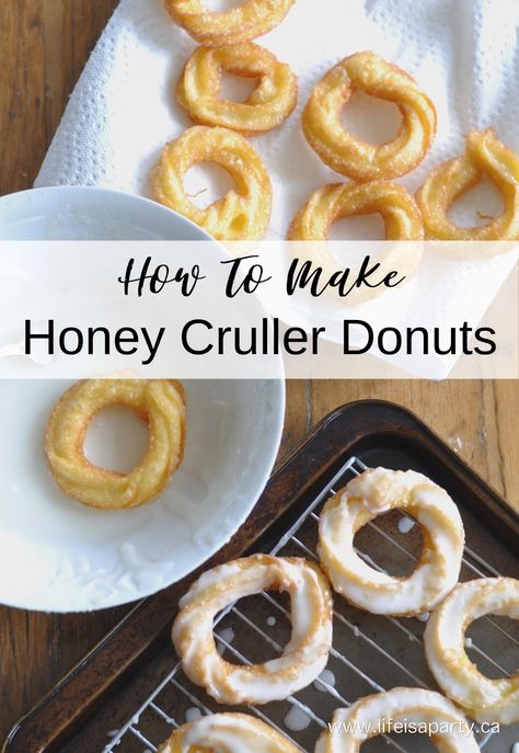 Homemade Honey Cruller Donuts Doughnuts Sour Cream Donut Holes, Cruller Recipe, Cruller Donut Recipe, Honey Donut, Cruller Donut, French Cruller Donut, French Cruller, Donut Holes Recipe, Cruller Donuts