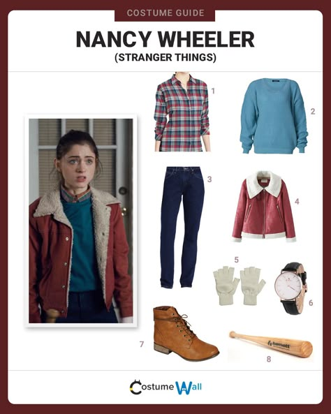 Get in costume as Nancy Wheeler as you figure out what happened your friend Barb Holland in Netflix's Stranger Things. Stranger Thing Costumes Ideas, Nancy Wheeler Costume Ideas, Stranger Things Nancy Costume, Nancy Wheeler Halloween Costume, Nancy Wheeler Cosplay, Nancy Wheeler Inspired Outfits, Stranger Things Inspired Outfits 80s, Netflix Costume Ideas, Nancy Wheeler Outfit Inspiration