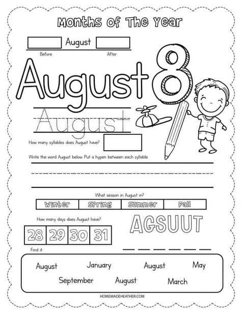 Free August Printable Worksheets Printable Months Of The Year, February Worksheets, Calendar Worksheets, Monthly Activities, Homeschool Worksheets, Free Worksheets, Printables Free, Fun Worksheets, Free Homeschool