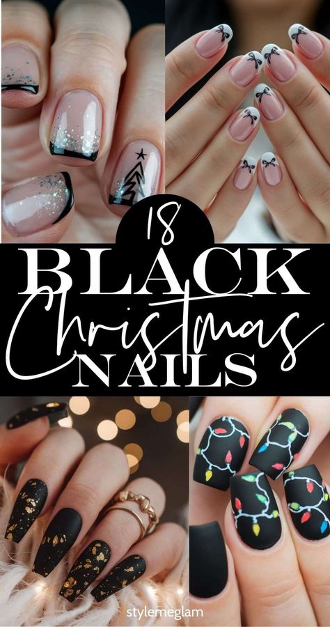 Check out these festive and easy black Christmas nails to create this holiday. These black Christmas nail ideas with a bow, or with a snowflack or matte or long, oval, square nails are perfect for your winter outfits! Save this pin for later! Black And Silver Matte Nails, Black Tip Christmas Nails, Black And Gold Nails Christmas, Black Sparkle Christmas Nails, Christmas Nail Designs Matte, Black And Nude Christmas Nails, Short Dark Christmas Nails, Christmas Nails Black And Silver, Easy Holiday Nail Art