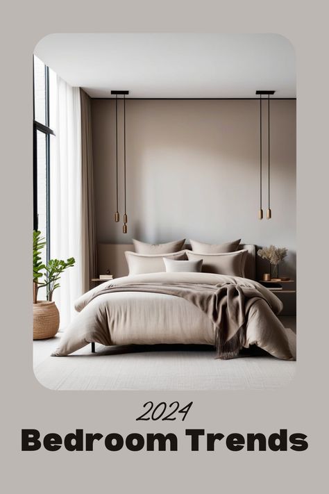 Discover the hottest bedroom trends for 2024! From earthy color palettes to eco friendly bedroom designs, we've got you colored. Let me know which trends you would like to see added to this list! #bedroomtrends #2024trends #sustainablehomedecor Modern Cozy Bedroom Design, Master Bedrooms Painting Ideas 2023, Master Bedrooms Color Ideas, Bedroom Design Paint, Bedroom Decor Trends 2024, Luxury Bedroom Color Palette, Luxury Bedroom Master 2024, Boutique Hotel Bedroom Inspiration, Master Bedrooms Decor 2024 Trend