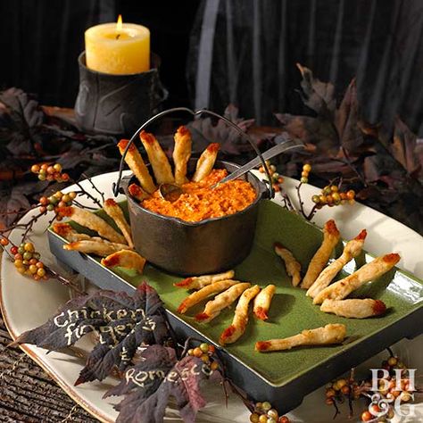 Chicken Lady Fingers with Romanian Romesco Dipping Sauce Quick Halloween Party Food, Homemade Chicken Strips, Chicken Fingers Baked, Baked Potato Chips, Halloween Menu, Clever Halloween, Dip Sauce, Baked Chicken Tenders, Dipping Sauces